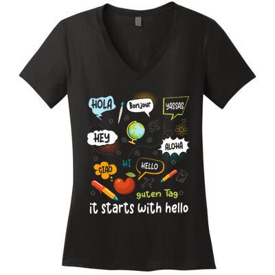 Friendship Inclusion Language Teacher It Starts With Hello Women's V-Neck T-Shirt