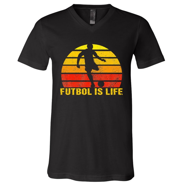 Futbol Is Life Vintage Soccer Player Sports Futbol V-Neck T-Shirt