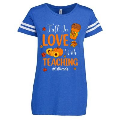 Fall In Love With Teaching 1st Grade Teacher Thanksgiving Enza Ladies Jersey Football T-Shirt