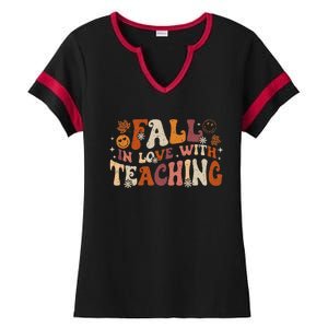 Fall In Love With Teaching Autum Thanksgiving Fall Teacher Ladies Halftime Notch Neck Tee