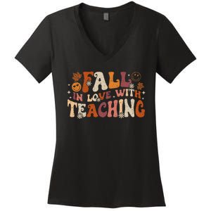 Fall In Love With Teaching Autum Thanksgiving Fall Teacher Women's V-Neck T-Shirt