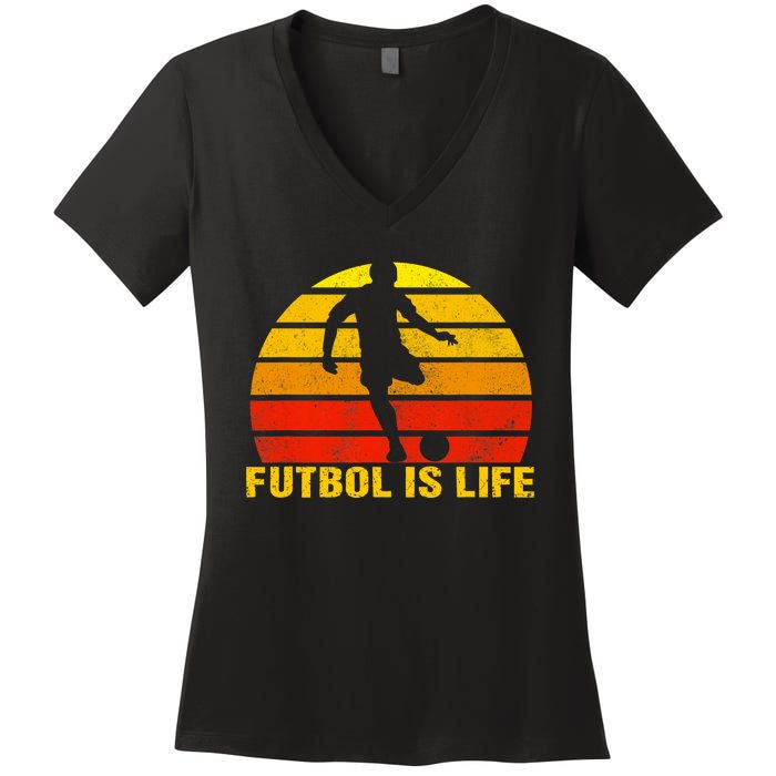 Futbol Is Life Vintage Soccer Player Sports Futbol Women's V-Neck T-Shirt