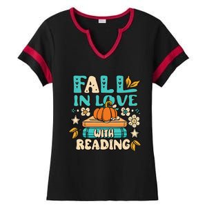 Fall In Love With Reading Book Autumn Pumpkins And Teachers Ladies Halftime Notch Neck Tee