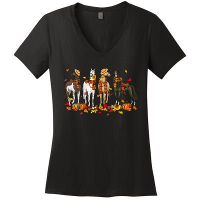 Fall In Love With Cute Horses Thanksgiving Happy Fall Season Women's V-Neck T-Shirt