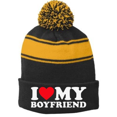 Funny I Love My Boyfriend Heart My Boyfriend Bf Stripe Pom Pom Beanie