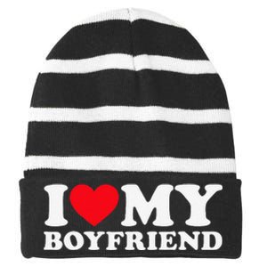 Funny I Love My Boyfriend Heart My Boyfriend Bf Striped Beanie with Solid Band