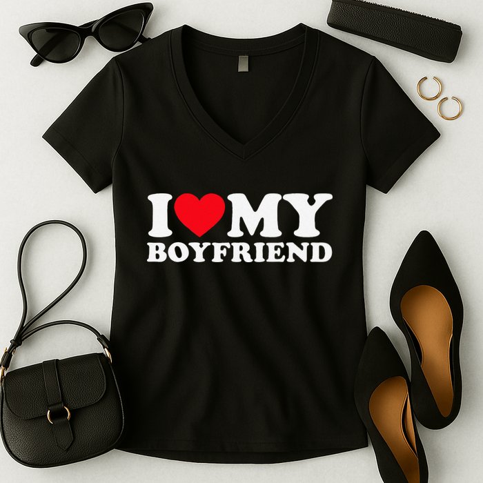 Funny I Love My Boyfriend Heart My Boyfriend Bf Women's V-Neck T-Shirt