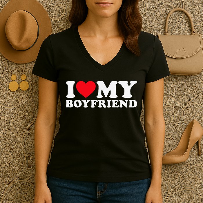 Funny I Love My Boyfriend Heart My Boyfriend Bf Women's V-Neck T-Shirt