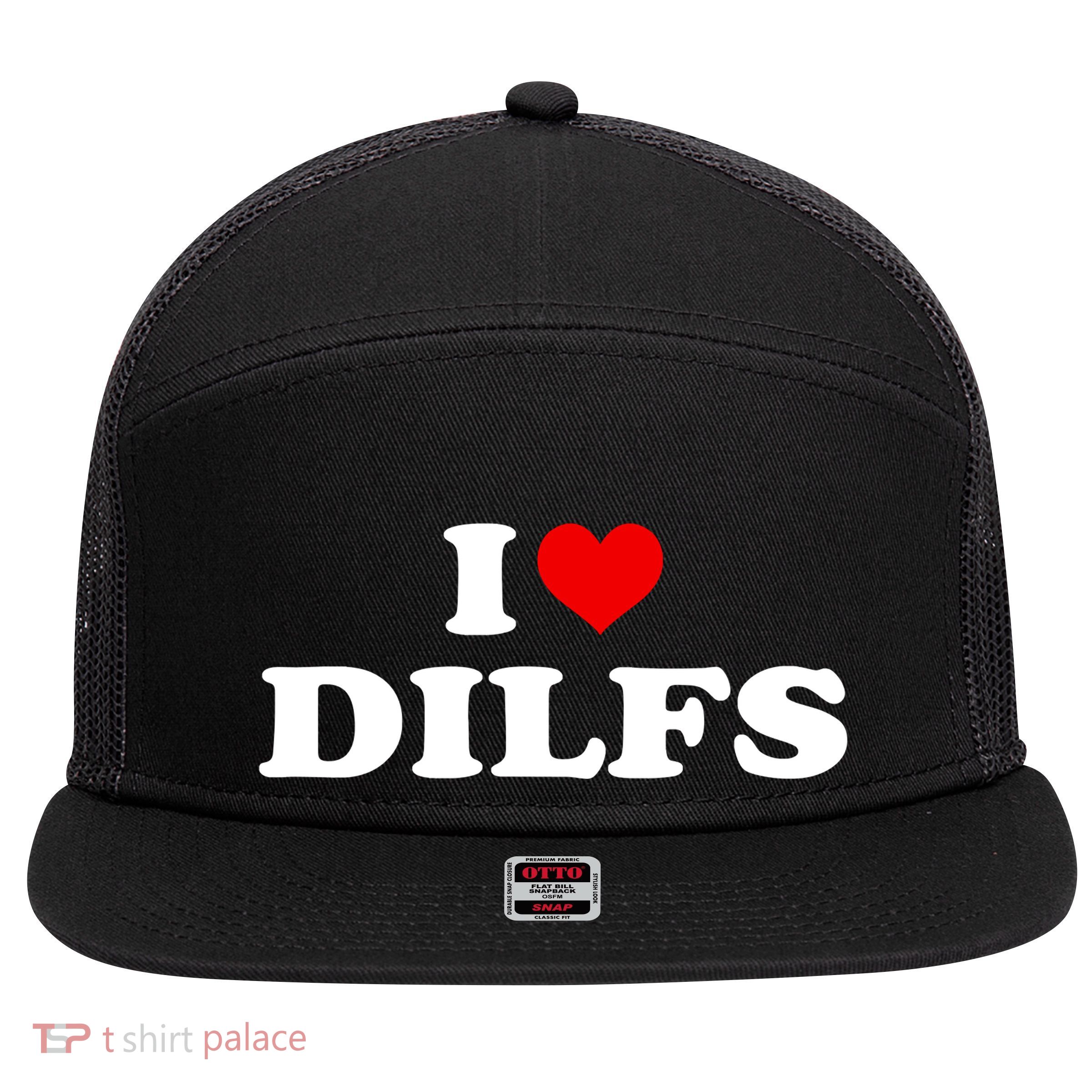 Funny I Love DILFs I Heart DILFs Red Heart Cool 7 Panel Mesh Trucker Snapback Hat