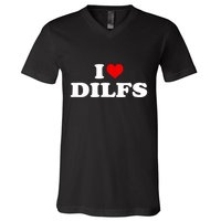 Funny I Love DILFs I Heart DILFs Red Heart Cool V-Neck T-Shirt