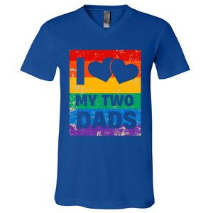 Funny I Love My Two Dads Rainbow Pride Lgbt Flag Funny Gift V-Neck T-Shirt