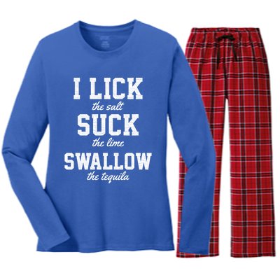 Funny I Lick Salt Swallow Tequila Suck Lime Summer Humor Cool Gift Women's Long Sleeve Flannel Pajama Set 