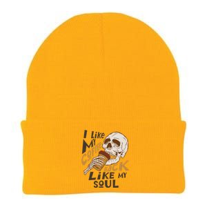 Funny I Like My Coffee Black Like My Soul Skeleton Coffee Lover Knit Cap Winter Beanie