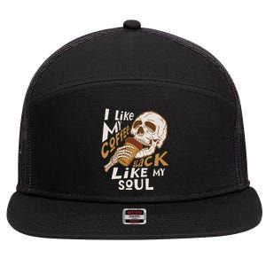 Funny I Like My Coffee Black Like My Soul Skeleton Coffee Lover 7 Panel Mesh Trucker Snapback Hat