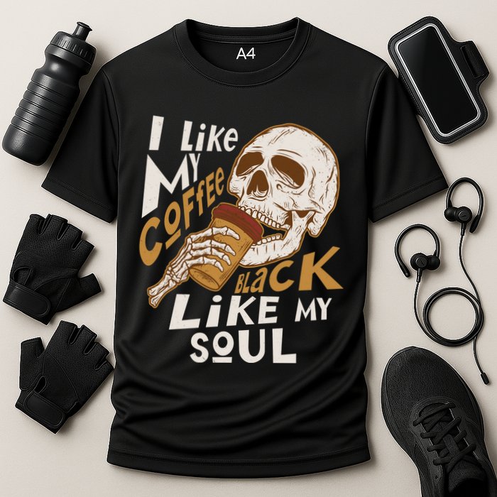 Funny I Like My Coffee Black Like My Soul Skeleton Coffee Lover Cooling Performance Crew T-Shirt