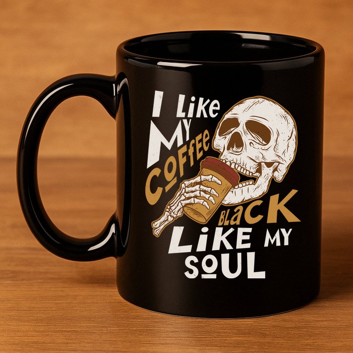 Funny I Like My Coffee Black Like My Soul Skeleton Coffee Lover 11oz C Handle Ceramic Mug