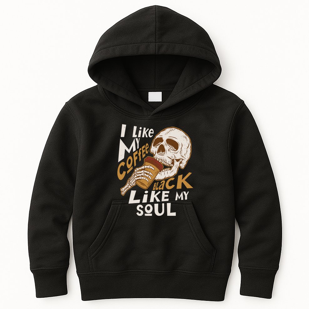 Funny I Like My Coffee Black Like My Soul Skeleton Coffee Lover Kids Hoodie