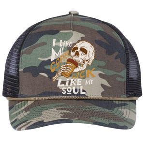 Funny I Like My Coffee Black Like My Soul Skeleton Coffee Lover Retro Rope Trucker Hat Cap