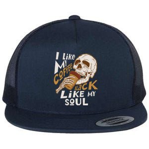 Funny I Like My Coffee Black Like My Soul Skeleton Coffee Lover Flat Bill Trucker Hat