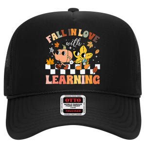 Fall In Love With Learning Thanksgiving Teacher High Crown Mesh Back Trucker Hat