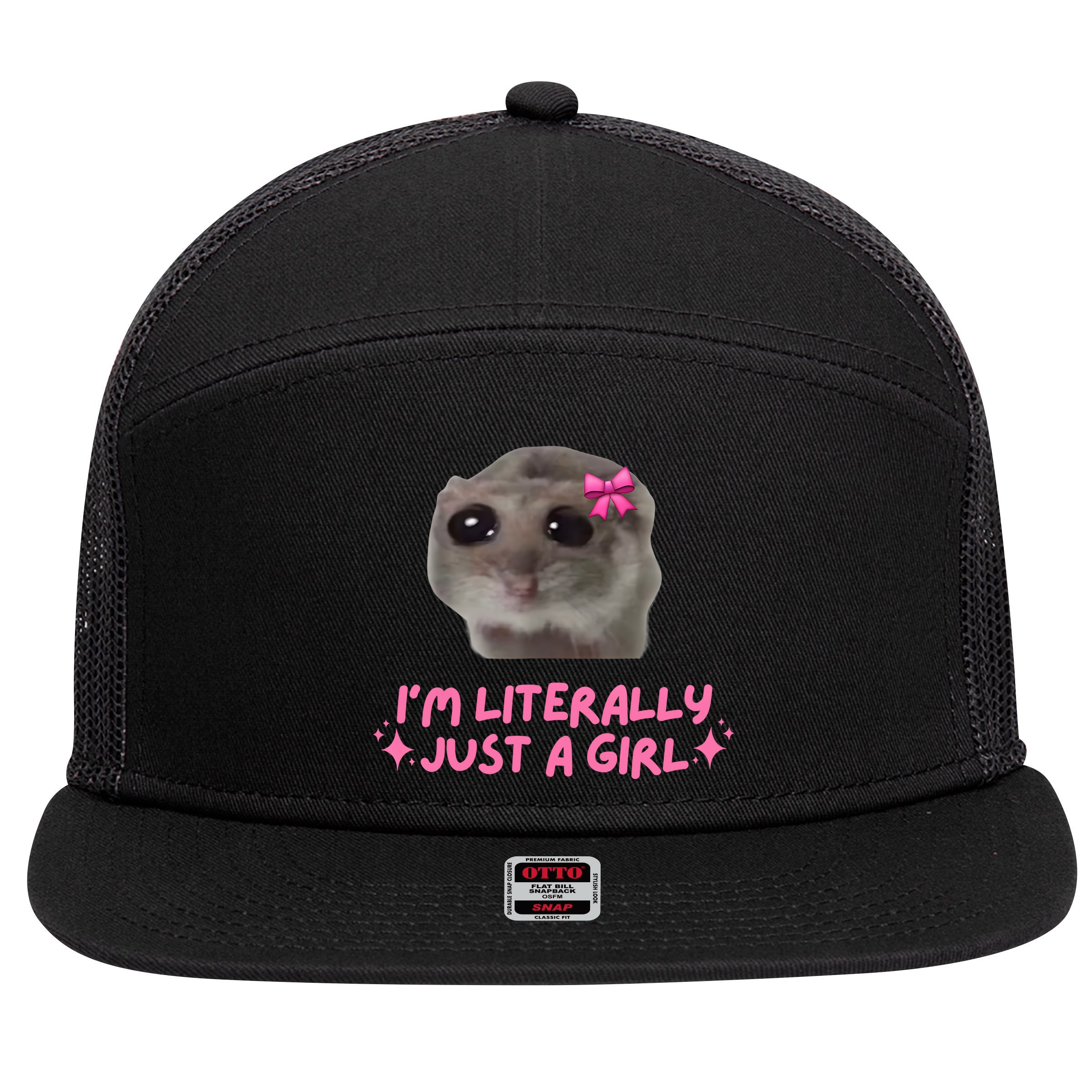 Funny IM Literally Just A Girl Sad Hamster Meme 7 Panel Mesh Trucker Snapback Hat