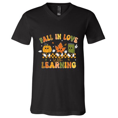 Fall In Love With Learning Retro Pumpkin Thanksgiving V-Neck T-Shirt