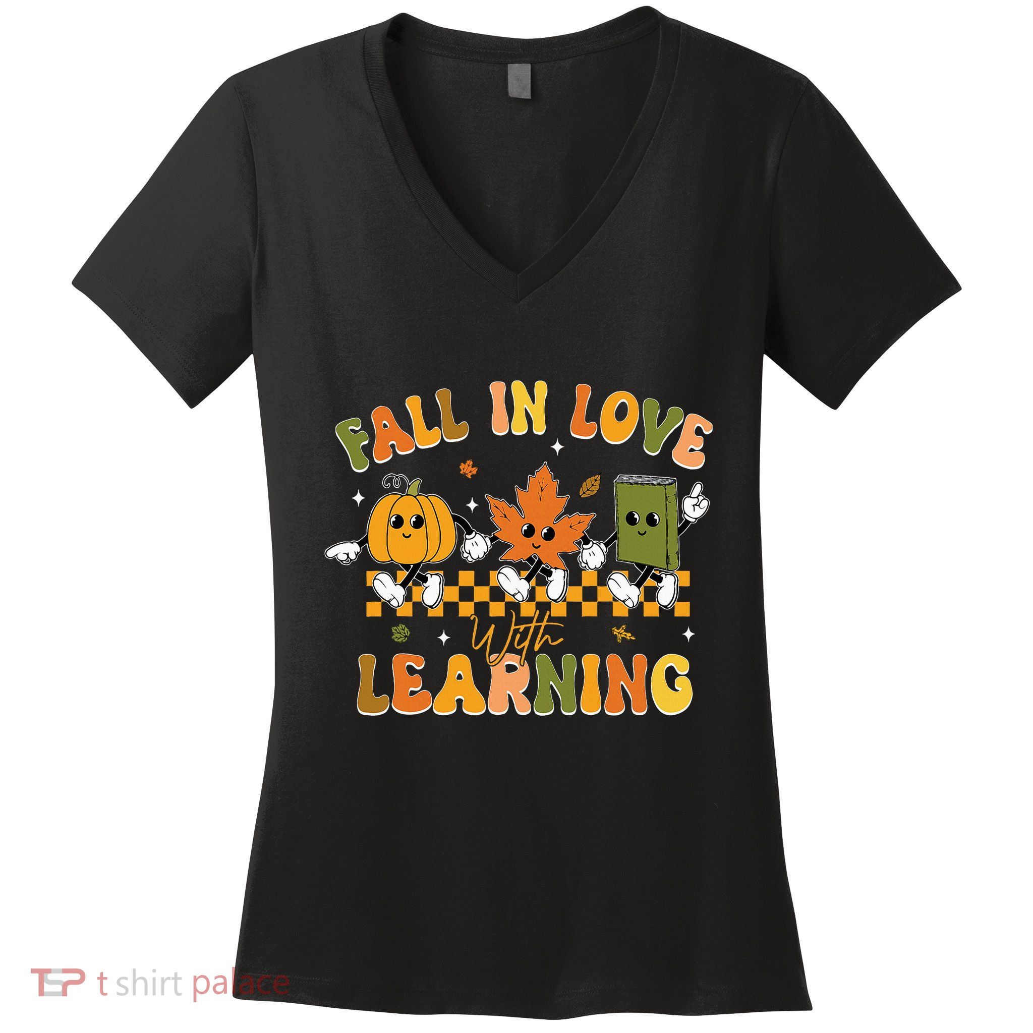 Fall In Love With Learning Retro Pumpkin Thanksgiving Women's V-Neck T-Shirt