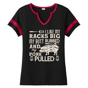 Funny I Like My Racks Big Butt Rubbed And Pork Pulled Meat Cut Lines Ladies Halftime Notch Neck Tee