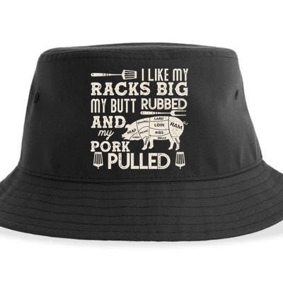 Funny I Like My Racks Big Butt Rubbed And Pork Pulled Meat Cut Lines Sustainable Bucket Hat