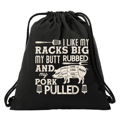 Funny I Like My Racks Big Butt Rubbed And Pork Pulled Meat Cut Lines Drawstring Bag