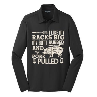 Funny I Like My Racks Big Butt Rubbed And Pork Pulled Meat Cut Lines Silk Touch Performance Long Sleeve Polo