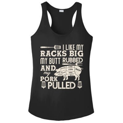 Funny I Like My Racks Big Butt Rubbed And Pork Pulled Meat Cut Lines Ladies PosiCharge Competitor Racerback Tank