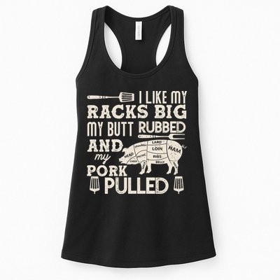 Funny I Like My Racks Big Butt Rubbed And Pork Pulled Meat Cut Lines Womens Tank Top