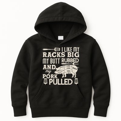 Funny I Like My Racks Big Butt Rubbed And Pork Pulled Meat Cut Lines Kids Hoodie