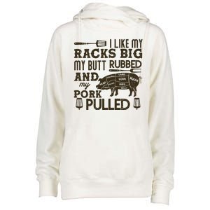 Funny I Like My Racks Big Butt Rubbed And Pork Pulled Meat Cut Lines Womens Funnel Neck Pullover Hood