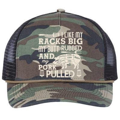 Funny I Like My Racks Big Butt Rubbed And Pork Pulled Meat Cut Lines Retro Rope Trucker Hat Cap