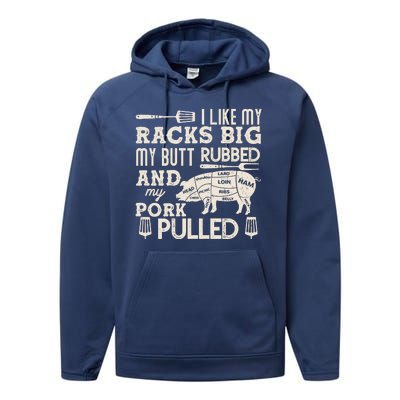 Funny I Like My Racks Big Butt Rubbed And Pork Pulled Meat Cut Lines Performance Fleece Hoodie