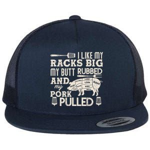 Funny I Like My Racks Big Butt Rubbed And Pork Pulled Meat Cut Lines Flat Bill Trucker Hat