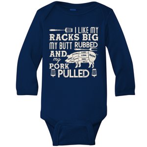 Funny I Like My Racks Big Butt Rubbed And Pork Pulled Meat Cut Lines Baby Long Sleeve Bodysuit