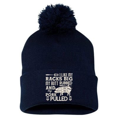 Funny I Like My Racks Big Butt Rubbed And Pork Pulled Meat Cut Lines Pom Pom 12in Knit Beanie