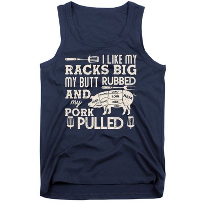 Funny I Like My Racks Big Butt Rubbed And Pork Pulled Meat Cut Lines Tank Top