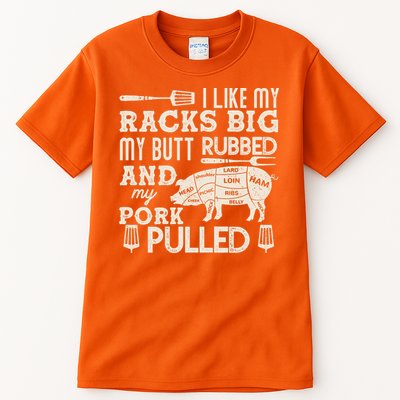 Funny I Like My Racks Big Butt Rubbed And Pork Pulled Meat Cut Lines Tall T-Shirt
