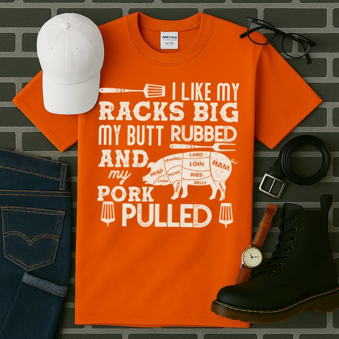 Funny I Like My Racks Big Butt Rubbed And Pork Pulled Meat Cut Lines Tall T-Shirt