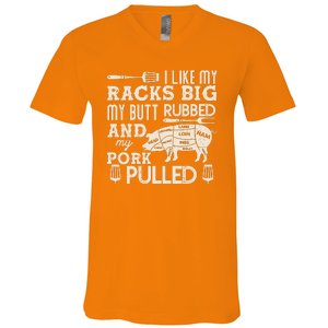 Funny I Like My Racks Big Butt Rubbed And Pork Pulled Meat Cut Lines V-Neck T-Shirt