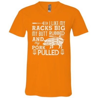 Funny I Like My Racks Big Butt Rubbed And Pork Pulled Meat Cut Lines V-Neck T-Shirt