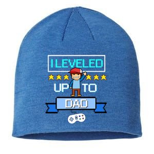 Funny I Leveled Up To Dad Retro Daddy Gamer Pixel Video Game Cool Gift Sustainable Beanie