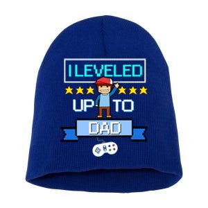 Funny I Leveled Up To Dad Retro Daddy Gamer Pixel Video Game Cool Gift Short Acrylic Beanie