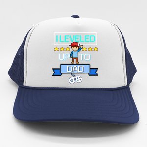 Funny I Leveled Up To Dad Retro Daddy Gamer Pixel Video Game Cool Gift Trucker Hat