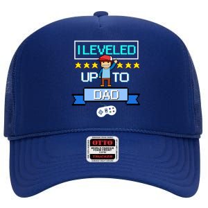 Funny I Leveled Up To Dad Retro Daddy Gamer Pixel Video Game Cool Gift High Crown Mesh Back Trucker Hat