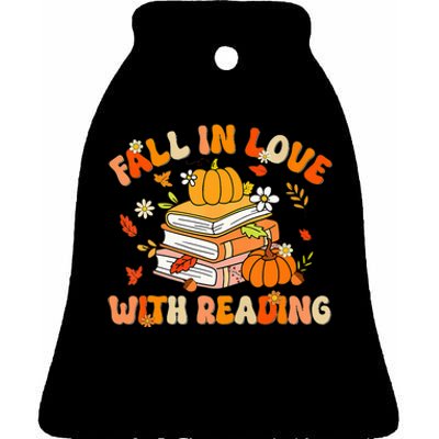 Fall In Love With Reading Book Autumn Pumpkins And Teachers Ceramic Bell Ornament